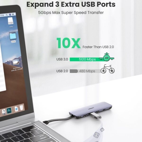 UGREEN Cable Foldable USB Type C Multi Ports Hub HDMI Adapter, Get the Old Ports Back! 5-Ports Expansion UGREEN USB C adapter adds 3*USB 3.0 ports, a 4K HDMI port and a 100W Power Delivery Charger port to your laptops/smartphones through a USB C or Thunderbolt 3 interface, upgrade your laptop/ tablet/ smartphone. Super Speed USB 3.0 Hub The 3-port USB C 3.0 hub transfers data at incredible speeds up to 5Gbps, which is fast enough to transfer a high-definition movie in seconds. It enables you to use more USB devices simultaneously, saves the trouble of plugging & unplugging repeatedly and protects the USB C interface on your laptops against damage. 4K High Definition HDMI Video Ouput The USB C/ Thunderbolt 3 to HDMI adapter supports high resolution up to 4k@30Hz or 1080P@60Hz, making you or your family enjoy a better visual feast on larger smart TV or home theater. For 4K resolution, HDMI Cable length should shorter than 5M. Note: Pls do not plug and unplug the HDMI port when the hub is power on. 100W USB C Power Delivery Fast Charger The USB C hub is equipped with a USB C port that supports full speed charging to laptops like Macbook Pro. It supports 20V/5A, 15V/3A, 9V/3A, 5V/3A. USB C Female PD charging port support charging laptops only, not for data. OTG Supported Works with OTG Supports mobiles phones to access the data on the Flash Drive on the go, release the storage of your phone. Expand the USB ports for you to connect the standard USB accessories such as the keyboards, mouse, thumb drive, printer and more. Easily turn your phone like Samsung S9/Note 8, Huawei P20 Pro into PC-like experience and make any place become a convenient workplace.